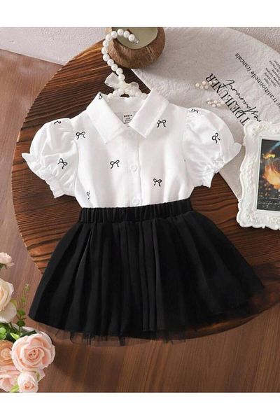 YİGİT BUTİK Yigit Boutique Bow Embroidered Poplin Fabric Girl's Skirt Suit