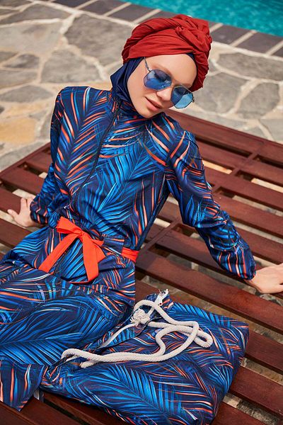 Marina Swimwear Parachute Leaf Navy Blue Fully Covered Hijab Swimsuit M2305