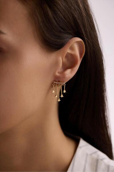 Tufanlar Kuyumculuk 14 Ayar Yıldızlı Taşlı Salkım Altın Küpe