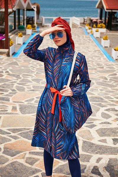 Marina Swimwear Parachute Leaf Navy Blue Fully Covered Hijab Swimsuit M2305