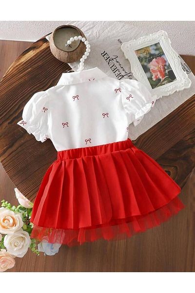 YİGİT BUTİK Yigit Boutique Bow Embroidered Poplin Fabric Girl's Skirt Suit