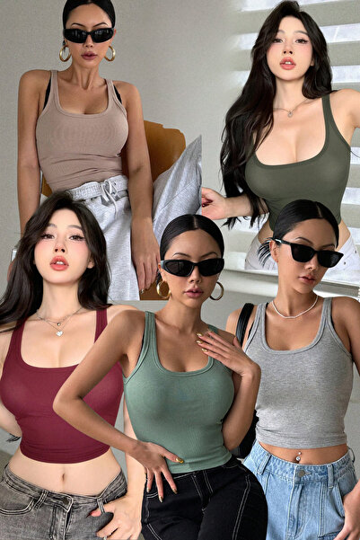 MADALİNA Kadın 5li Paket Kaşkorse Kumaş Geniş Askı Bluz Gri Bordo Yeşil Bej Haki