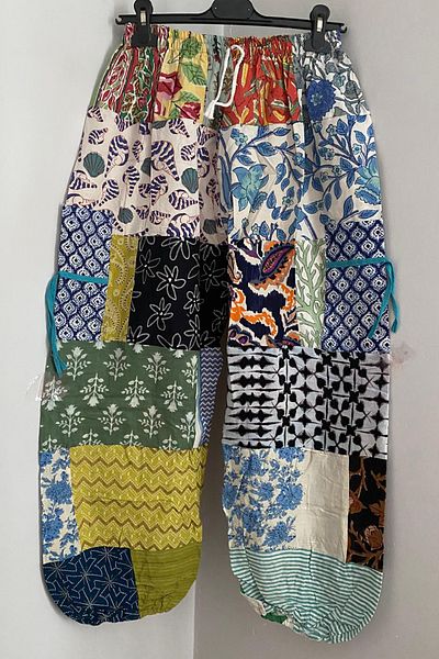 AYASOFYA OTANTIK Women's Nepalese Multi Color Ethnic Patchwork Waist and Legs Elastic Bag Pocket Loose Bohemian Loose Pants