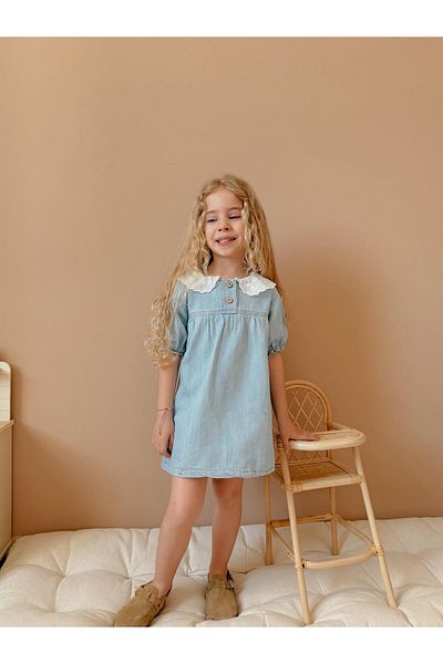 YİGİT BUTİK Rochie de denim pentru fete cu mânecă scurtă cu guler din dantelă