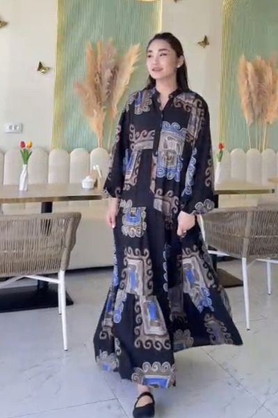 AYASOFYA OTANTIK Women's Navy Blue Button Detailed Placket Collar Ethnic Balloon Sleeve Loose Long Dress