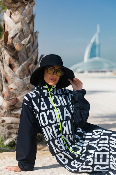 Marina Swimwear Black Full Covered Hijab Swimsuit with Parachute Letters M2301