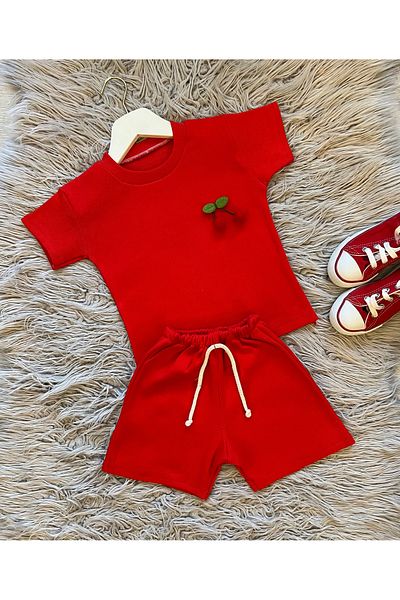 enes baby Cherry Detailed Stretchy Camisole Fabric Shorts Tshirt Set of 2