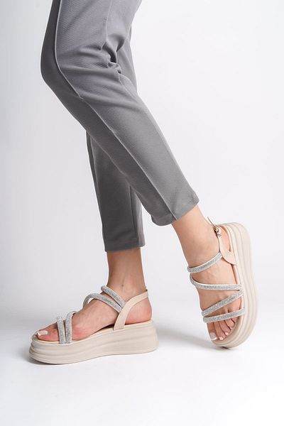 Joy Ayakkabı Riley Thin Buckle Stone Striped Orthopedic Sole Women's Sandals Kt - Cream