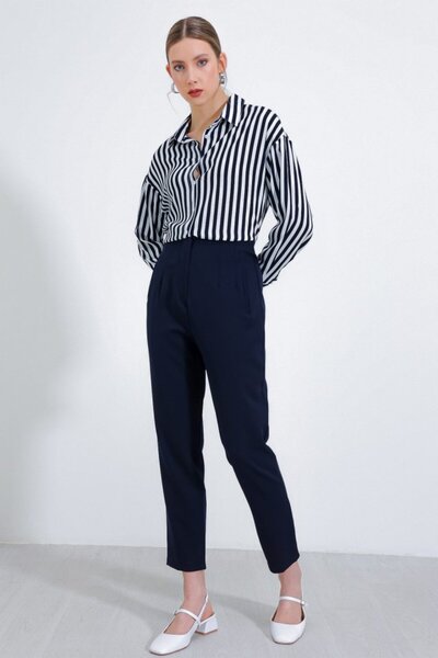 stiledavet online store    Navy Blue High Waist Fabric Trousers 6650