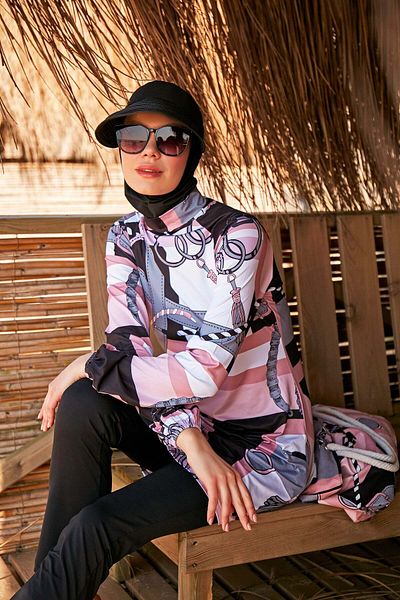Marina Swimwear Chain Patterned Black Full Covered Hijab Swimsuit M2315-1