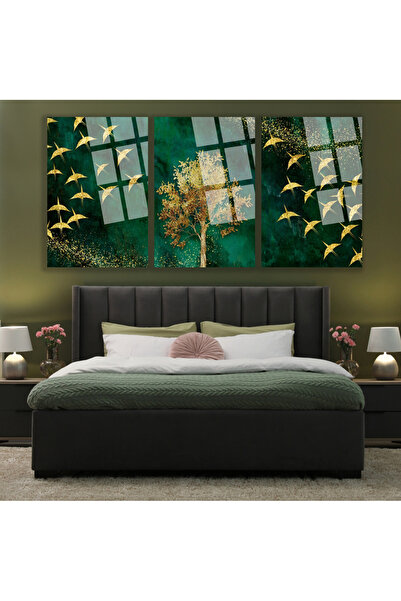 TAULART 3 LÜ SET TABLO YEŞİL TEMA ARKASI GOLD YAPRAKLAR KIRILMAZ LÜKS CAM TAB...