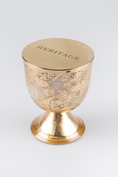HERITAGE Altın Varak Eskitme Ayaklı Cam Mumluk Kokusuz Mum Yazı Kapaklı Orta ...
