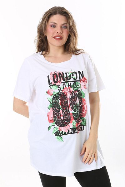 Şans White Printed Women's Short Sleeve Blouse - Plus Size 65N38042