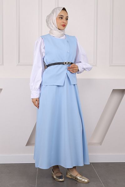 İmajButik Baby Blue Ζώνη Κρεπ Γιλέκο Φούστα Κοστούμι