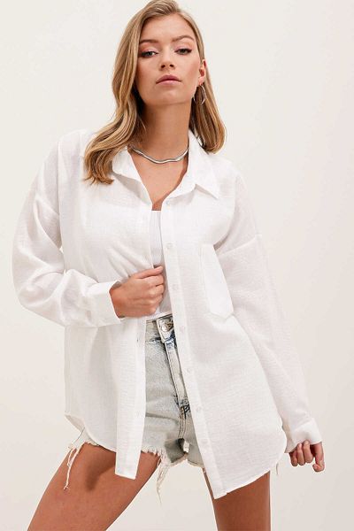 ByMisa Store Cămașă oversize din in brut cu un singur buzunar - albă