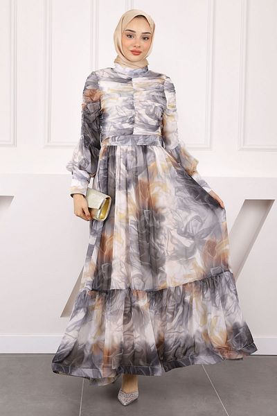 İmajButik Φόρεμα σιφόν με λαβή ανθρακί και μπροστινό κορδόνι