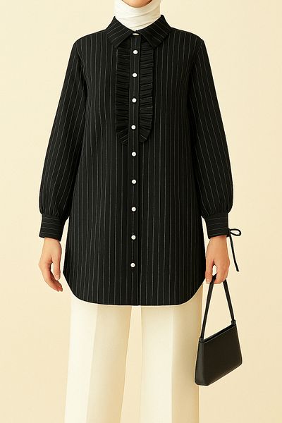 Modamorfo Lace-Up Front Ruffled Striped Shirt Tunic - Black
