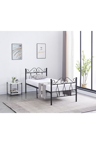 Generic Sturdy Metal Bed Frame Solid Construction with Metal Slats Elegant Design 190x90cm Black
