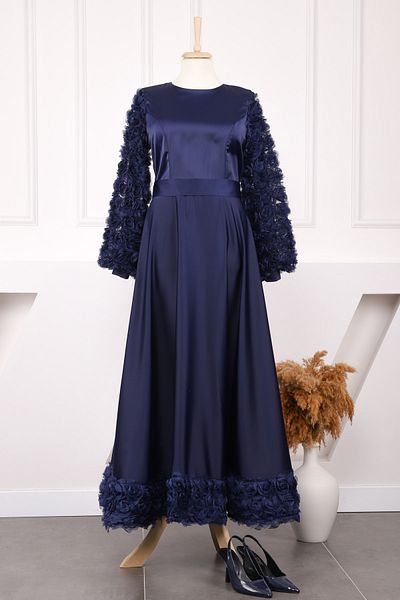 İmajButik Βραδινό φόρεμα με λεπτομέρεια σε μπλε ροζ με ζώνη