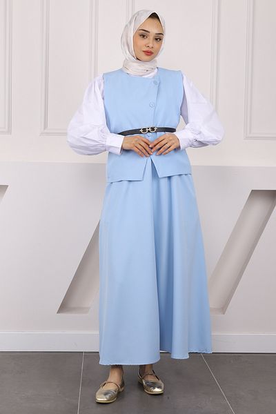 İmajButik Baby Blue Ζώνη Κρεπ Γιλέκο Φούστα Κοστούμι
