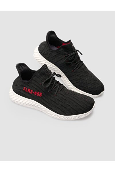 Cabani Λευκά πλεκτά Μαύρα ανδρικά αθλητικά παπούτσια - Κείμενο με μοτίβο, κορδόνια