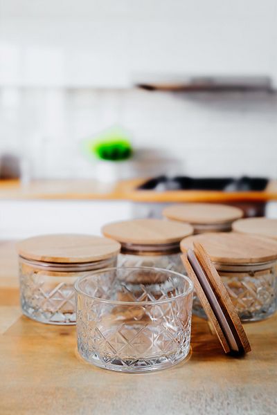 ZURİ DESİGN 6-Piece Round Wooden Vacuum Lid Glass Breakfast - Storage Container & Snack Bowl 225 ml
