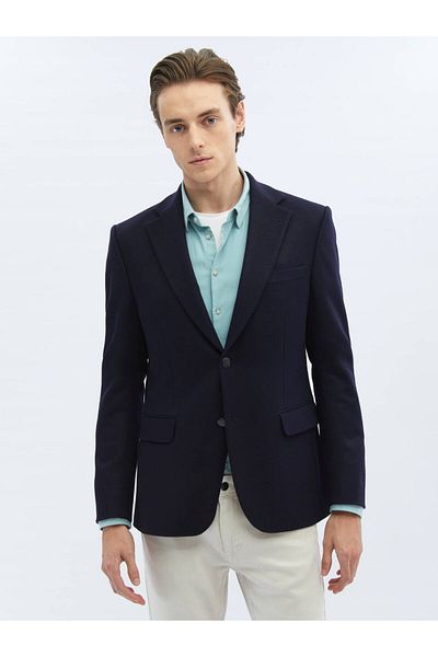 Kip Navy Blue Plain Regular Fit Wool Blend Jacket