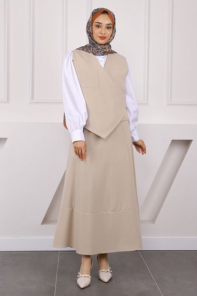 İmajButik Μπεζ Γιλέκο Φούστα Κοστούμι