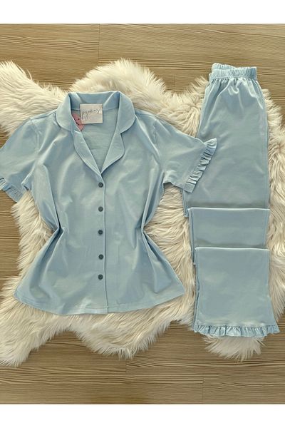 Pijamacs Set de pijamale cu mâneci scurte, cu nasturi în față, cu mâneci și picioare din bumbac albastru