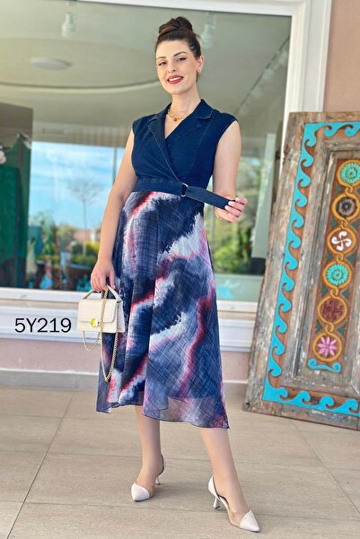 İnce Topuk Şifon Etekli Kot Elbise 5y219