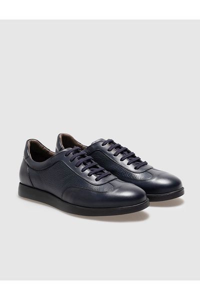 Cabani Genuine Leather Navy Blue Lace-Up Men's Casual Shoes