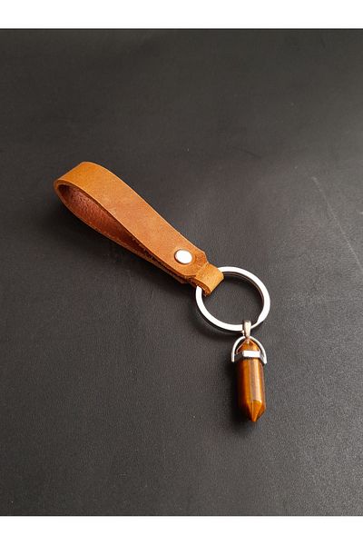 BSN Store Natural Tiger Eye Stone Taban Genuine Leather Keyring