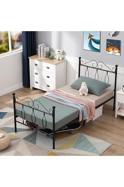 Generic Sturdy Metal Bed Frame Solid Construction with Metal Slats Elegant Design 190x90cm Black