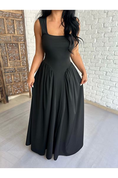 moneta boutique Γυναικείο μακρύ φόρεμα με τετράγωνο γιακά