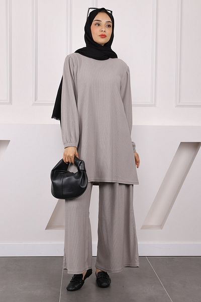 İmajButik Gray Wrinkled Tunic Trousers Suit