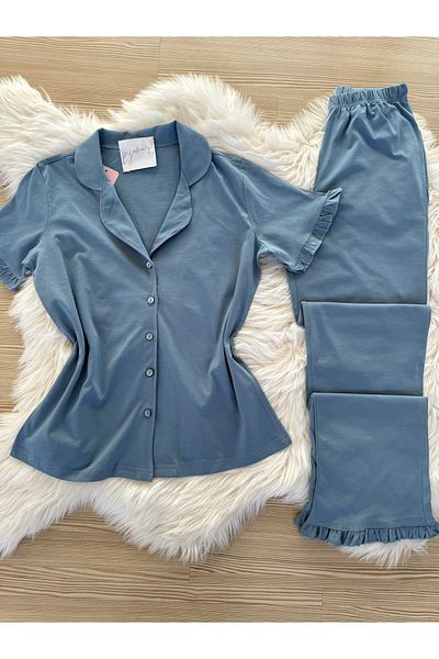 Pijamacs Set de pijamale cu mâneci scurte, cu nasturi în față, cu mâneci și picior cu volane, din bumbac albastru
