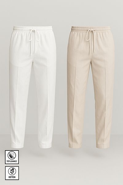Moderk Men's Linen High Quality Elastic Waist Baggy Fit 2-Piece Trousers Does Not Pilling or Sweating