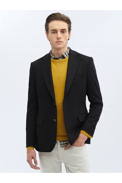 Kip Black Plain Regular Fit Wool Blend Jacket