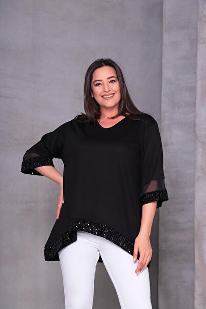 Ebsumu Women's Large Size Sequin and Tulle Detail Casual Blouse