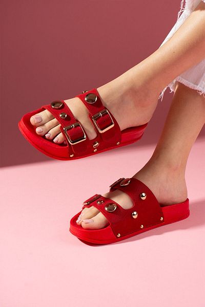 FUGA MODA Παντόφλες Rebel Red με διπλή αγκράφα Troc με λεπτομέρεια Poly ελαφριά σόλα