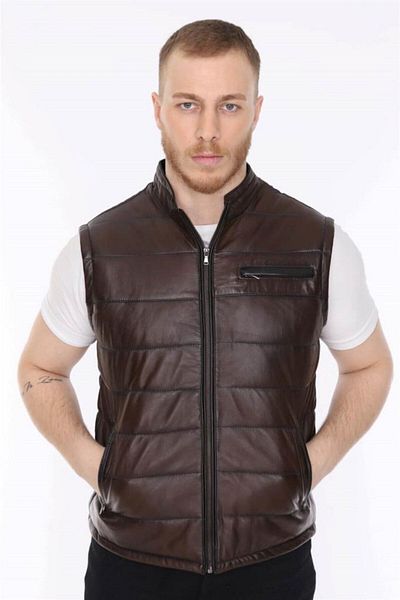 DeriWork Genuine Lambskin Brown Zippered Men's Leather Vest