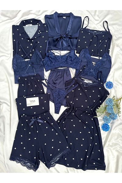 Lena Homewears Navy Blue Hearts Series Satin Boxed 11 Piece Luxury Giant Pajamas Nightgown Dressing Underwear Dowry Set