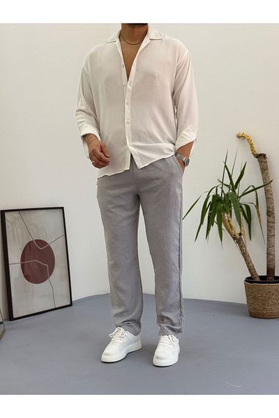 Combineman35 Men's Gray White Linen Bottom Top Set