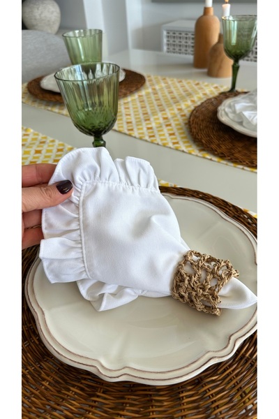 Decamor home White Ruffled Napkin 6 Pieces Stain Resistant Fabric Velvet Textured