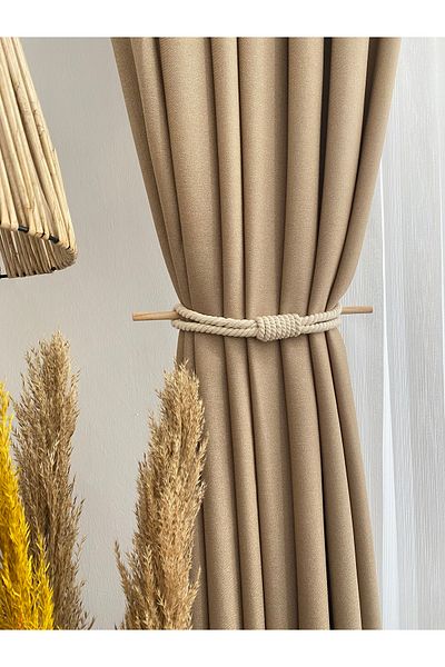 BARBAROSSA HOME Natural Cotton Rope Background Curtain Tie-Up Apparatus - Cotton Rope Detailed with Wooden Rod - 1 Pc