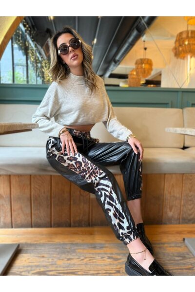 stiledavet online store Women's Waist and Leg Elastic Detail Leopard Detail Laced Leather Trousers