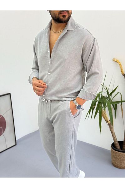Combineman35 Men's Gray Linen Bottom Top Set