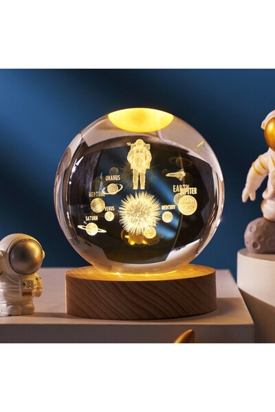 Skygo Dekoratif Bütün Gezegenler Tasarımlı Ahşap altlıklı Işıklı Cam Küre Büy...