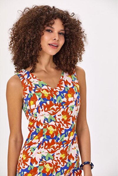 İKİLER V Yaka Kolsuz Desenli Elbise 025-4030