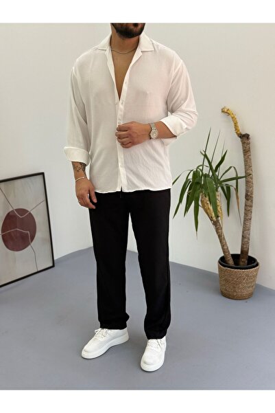 Combineman35 Men's White Black Linen Bottom Top Set